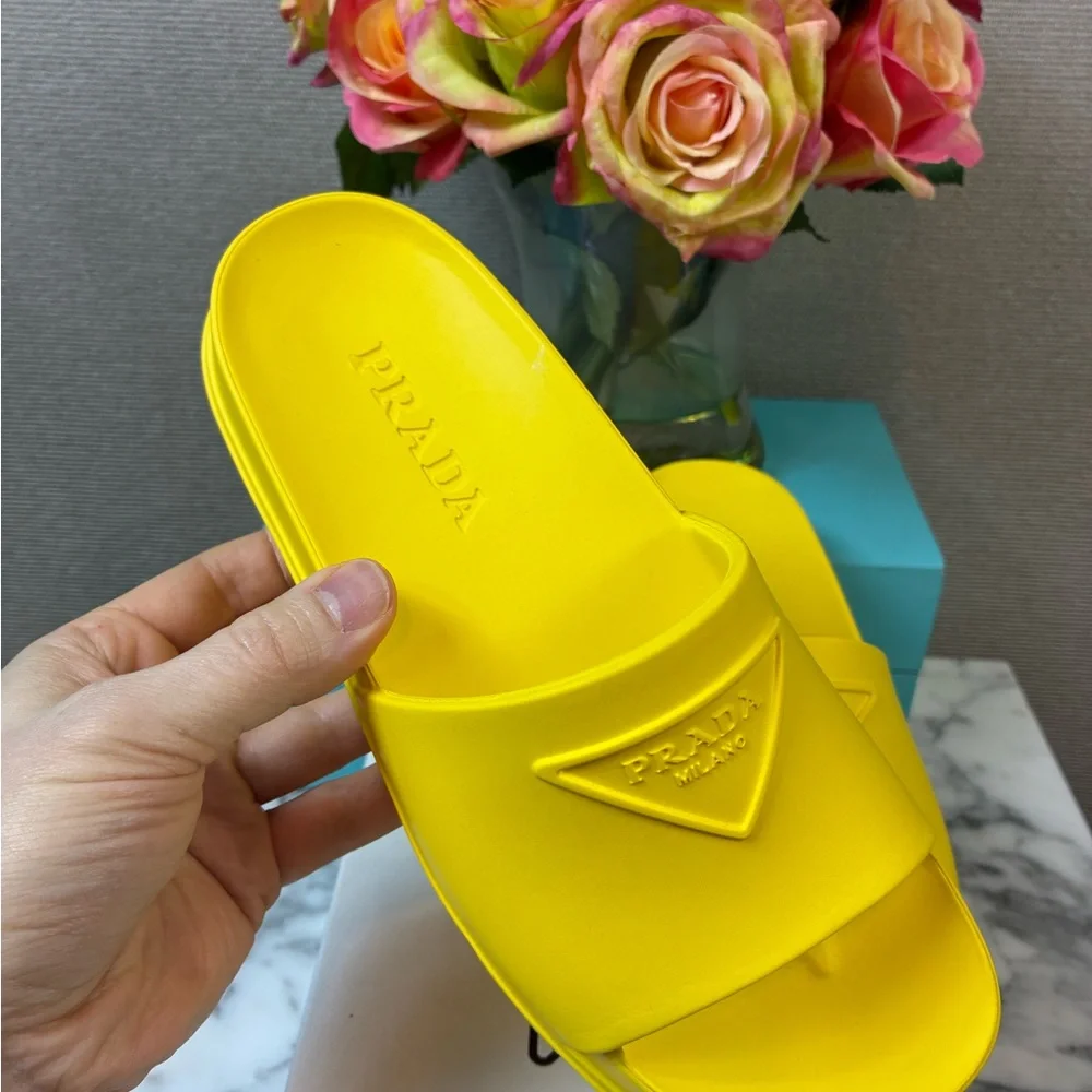 NIB Prada Sole Yellow Lightweight Rubber Triangle Slides EU 36 - US Approx 6 - Picture 3 of 8